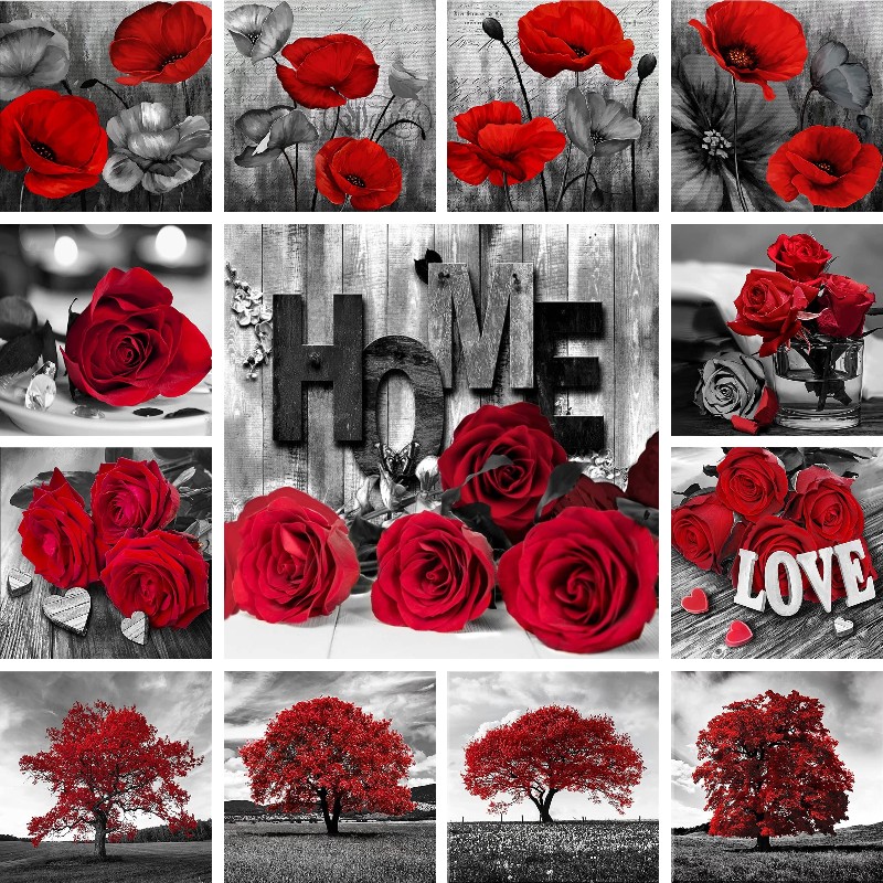 Resin Art Rose - Mozaik elmas kırmızı siyah sanat manzara