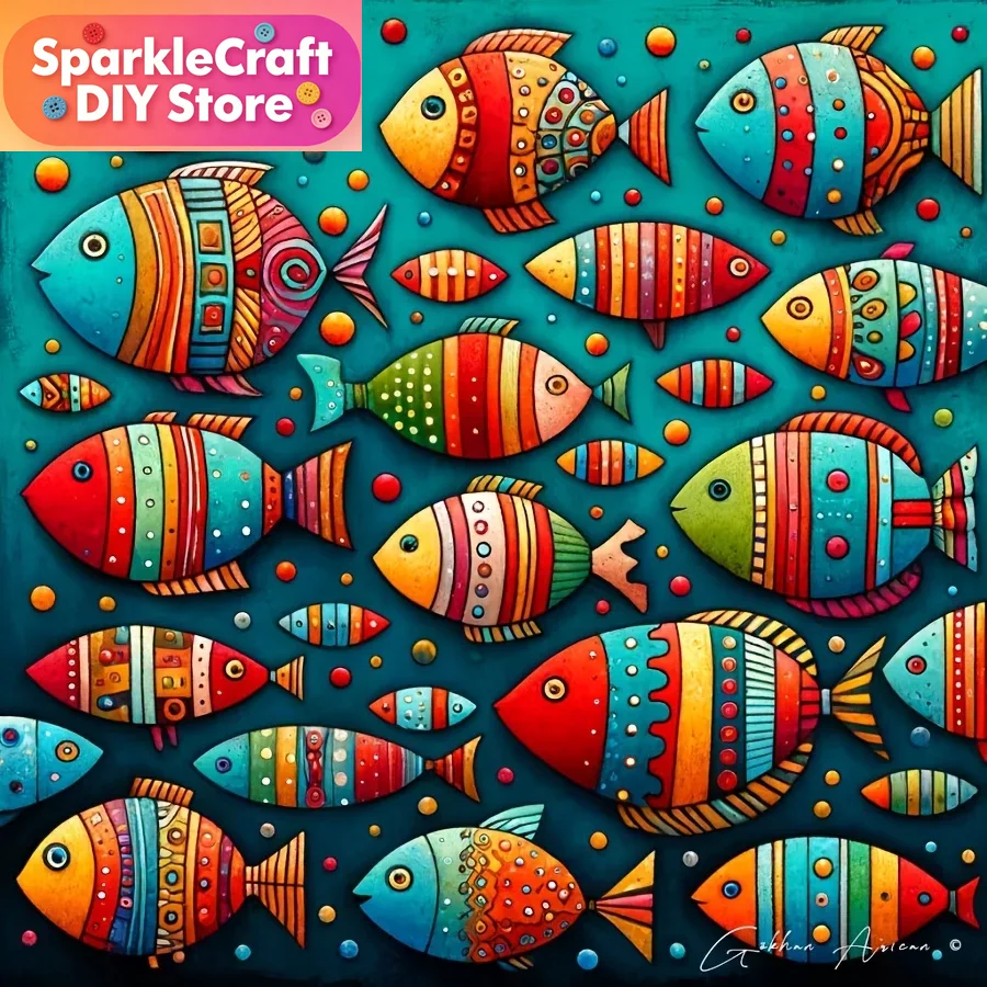 Resin Art Work - Renkli Kaprisli Balık Sürüsü 5D Elmas